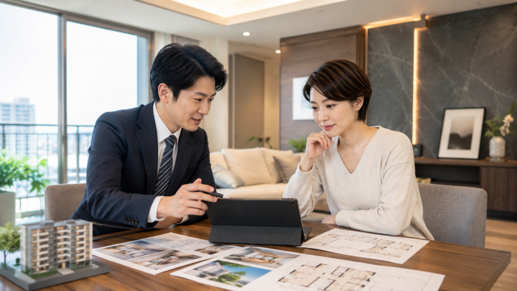 マンションの査定額と売却条件を不動産担当者と確認する女性