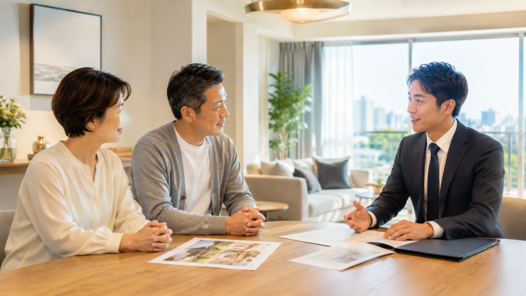 マンション売却について不動産担当者に相談する夫婦