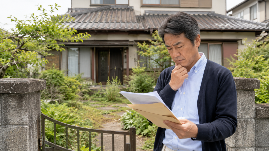 相続登記が未完了の実家を前に名義変更の書類を確認する男性