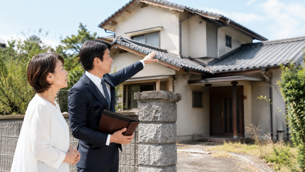 値下げ前に空き家の状態と売却方法を確認する不動産担当者と所有者