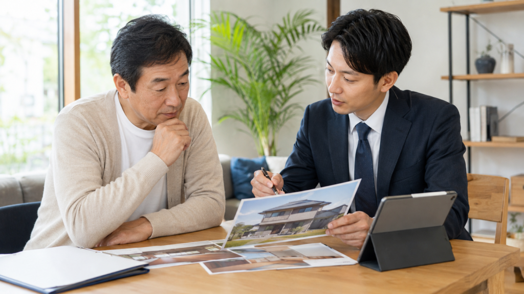 相続した空き家が売れない原因を不動産会社と確認する様子