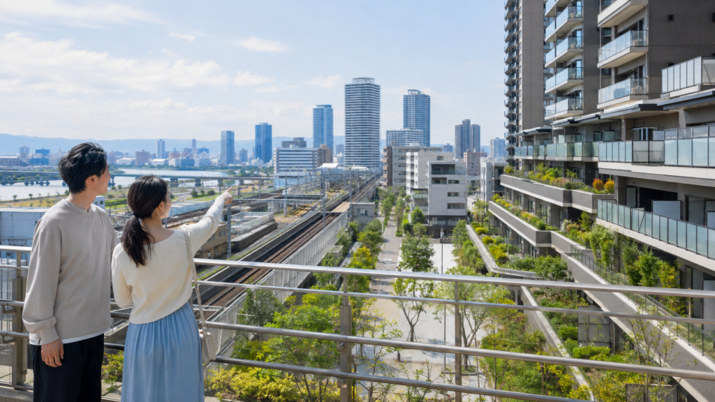 大阪市淀川区の駅周辺とマンションを確認する夫婦
